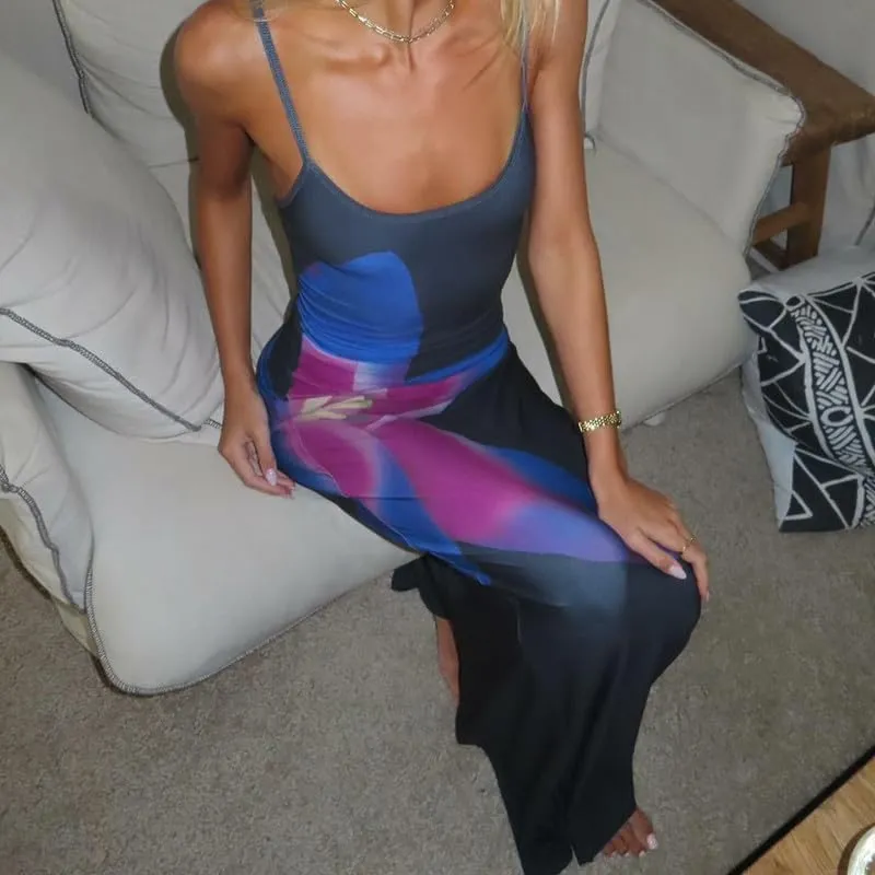 Women Floral Spaghetti Strap Maxi Dress Boho Sleeveless Slim Fit Long Slip Dress Elegant Bodycon Summer Sundress