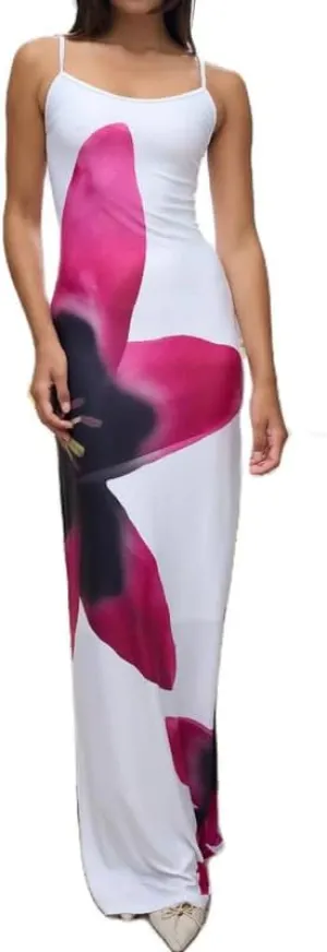 Women Floral Spaghetti Strap Maxi Dress Boho Sleeveless Slim Fit Long Slip Dress Elegant Bodycon Summer Sundress
