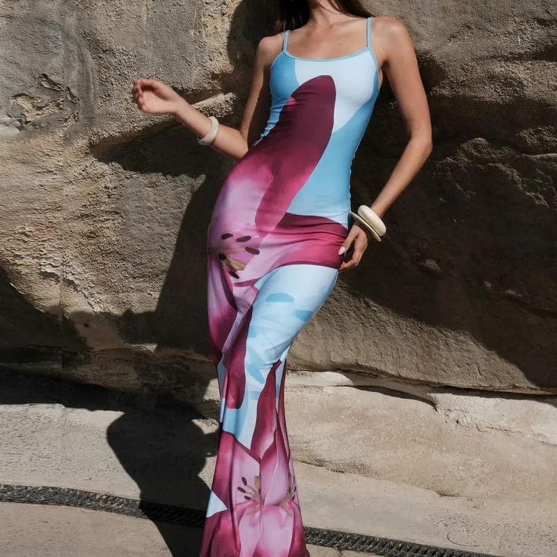 Women Floral Spaghetti Strap Maxi Dress Boho Sleeveless Slim Fit Long Slip Dress Elegant Bodycon Summer Sundress