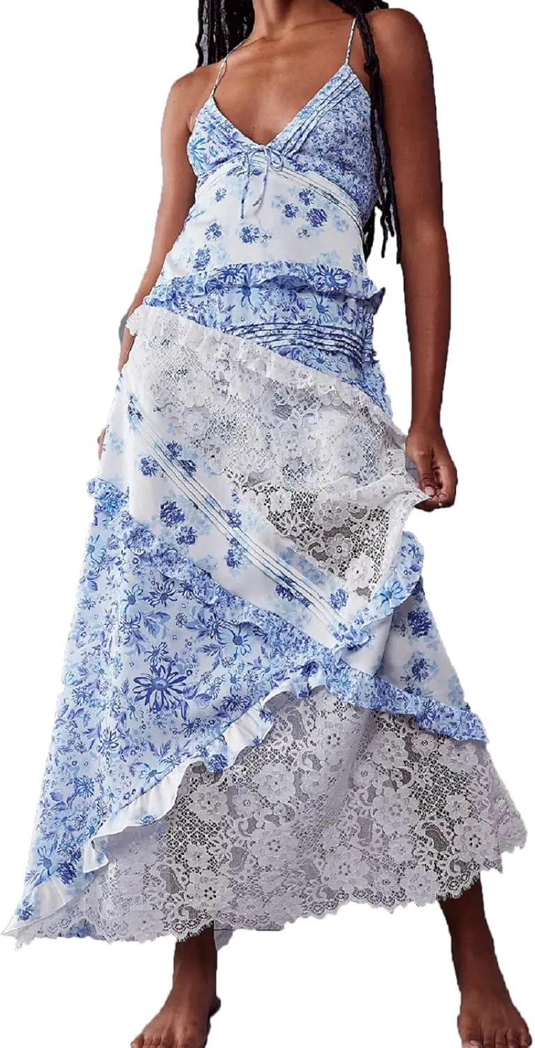 Women Flowy Lace Maxi Dress Backless Low Cut Lace Patchwork Ruffle Tiered Long Dress Summer Beach Sundress