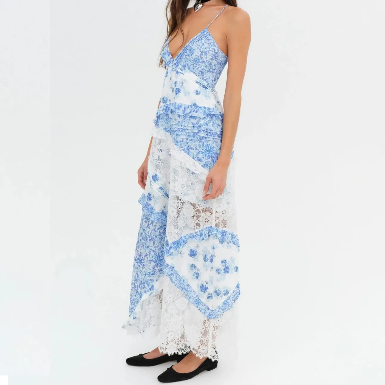 Women Flowy Lace Maxi Dress Backless Low Cut Lace Patchwork Ruffle Tiered Long Dress Summer Beach Sundress