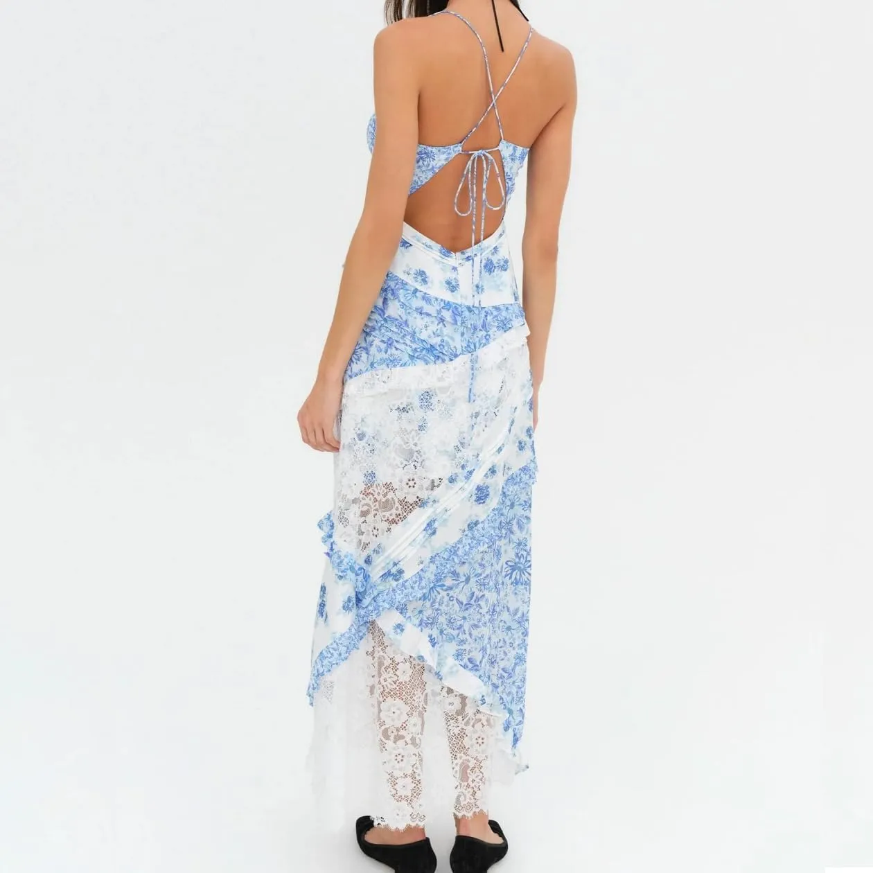 Women Flowy Lace Maxi Dress Backless Low Cut Lace Patchwork Ruffle Tiered Long Dress Summer Beach Sundress