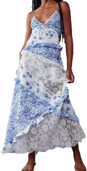 Women Flowy Lace Maxi Dress Backless Low Cut Lace Patchwork Ruffle Tiered Long Dress Summer Beach Sundress