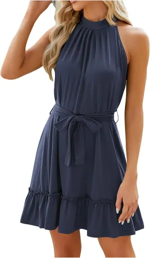 Women Halter Dresses Summer Ruffle Tiered Layered Sundress A Line Swing Mini Dress Sleeveless Tie Waist