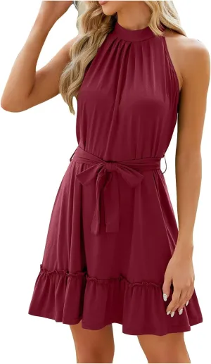 Women Halter Dresses Summer Ruffle Tiered Layered Sundress A Line Swing Mini Dress Sleeveless Tie Waist