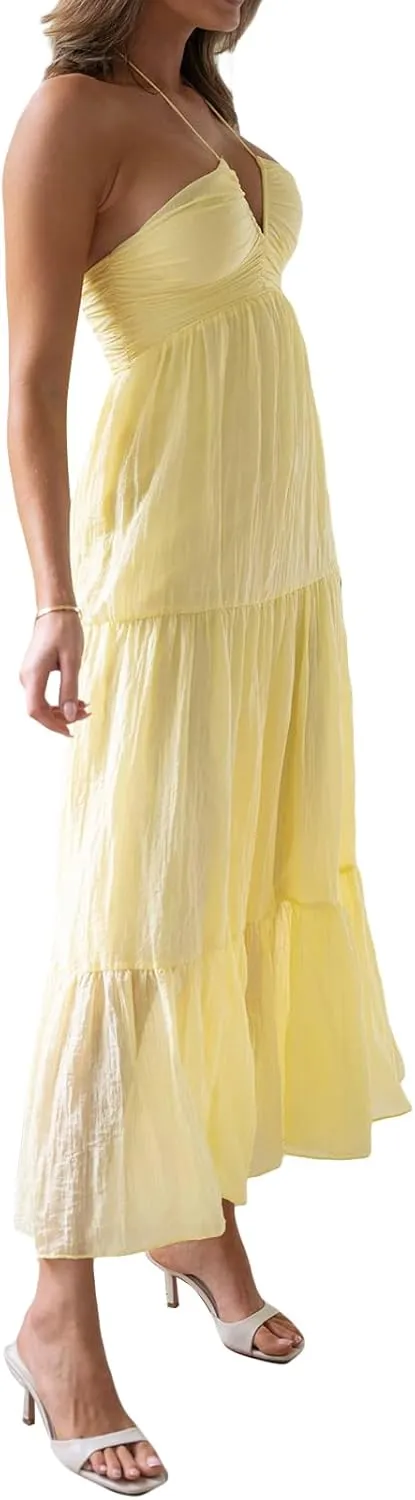 Women Low Cut Backless Maxi Dresses Elegant Spaghetti Strap Tiered Long Dress Relax Fit Open Back Cutout Flowy Sundress