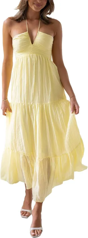Women Low Cut Backless Maxi Dresses Elegant Spaghetti Strap Tiered Long Dress Relax Fit Open Back Cutout Flowy Sundress