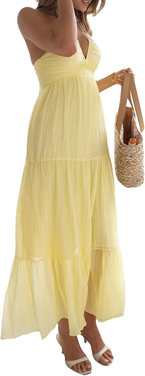 Women Low Cut Backless Maxi Dresses Elegant Spaghetti Strap Tiered Long Dress Relax Fit Open Back Cutout Flowy Sundress