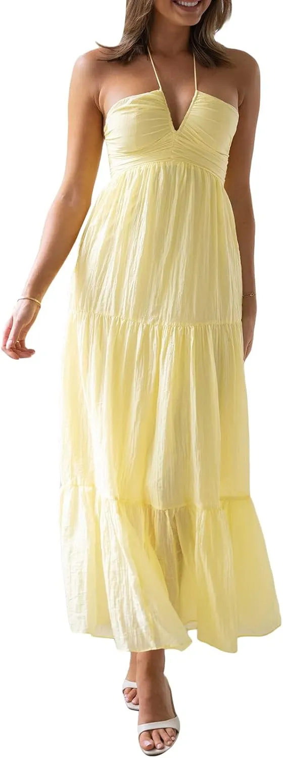 Women Low Cut Backless Maxi Dresses Elegant Spaghetti Strap Tiered Long Dress Relax Fit Open Back Cutout Flowy Sundress