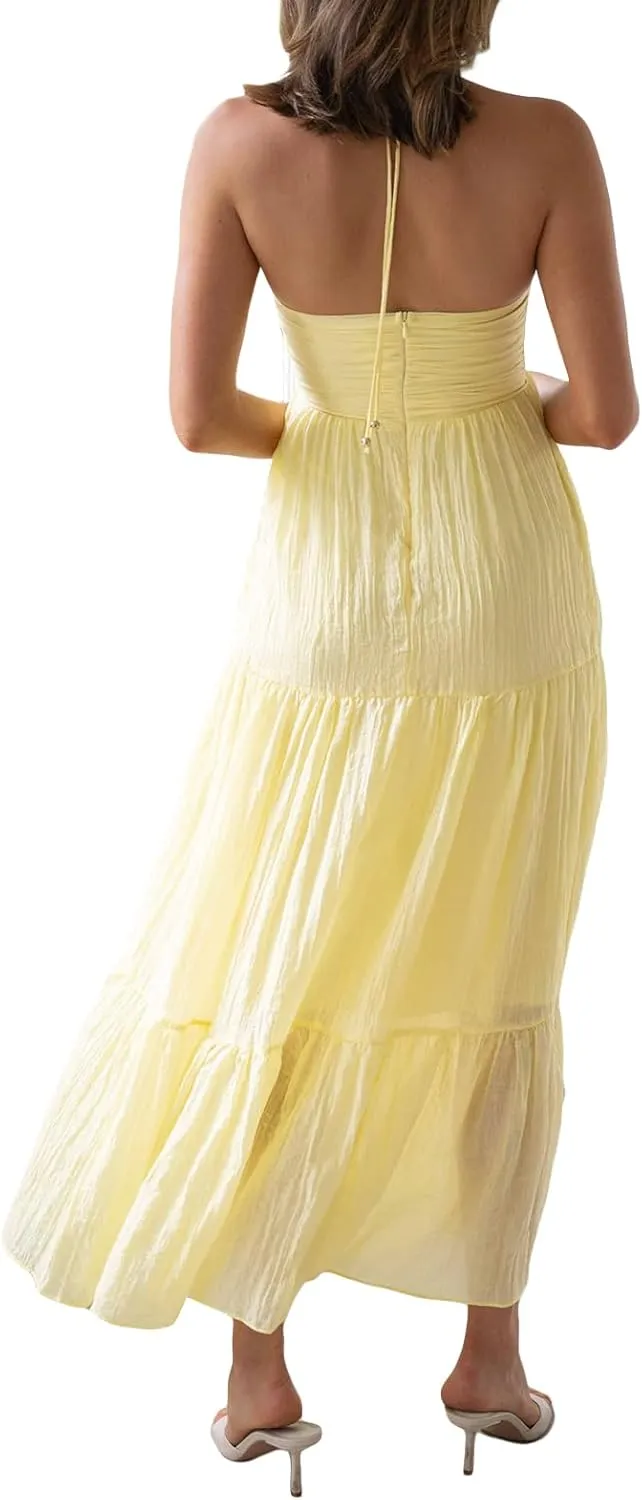 Women Low Cut Backless Maxi Dresses Elegant Spaghetti Strap Tiered Long Dress Relax Fit Open Back Cutout Flowy Sundress