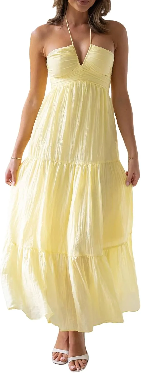 Women Low Cut Backless Maxi Dresses Elegant Spaghetti Strap Tiered Long Dress Relax Fit Open Back Cutout Flowy Sundress