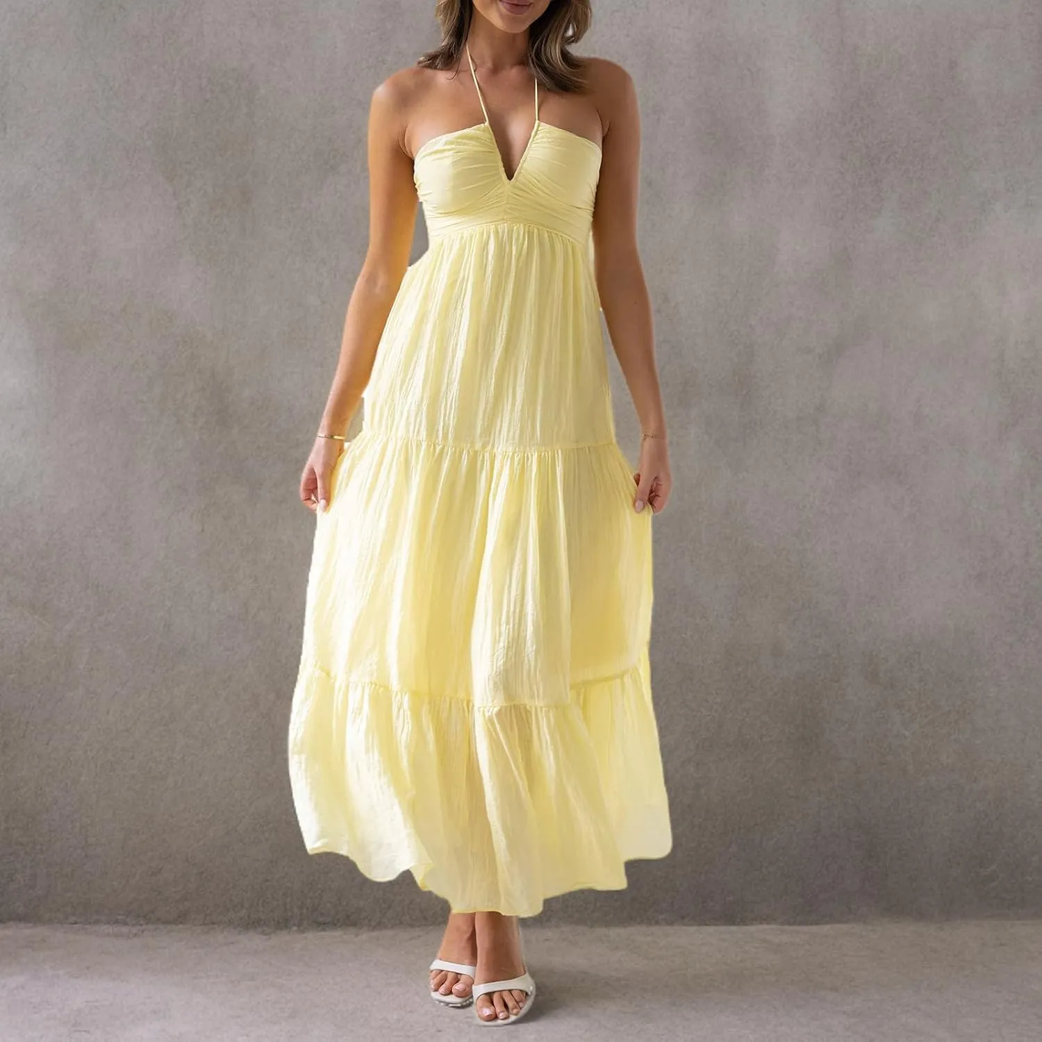 Women Low Cut Backless Maxi Dresses Elegant Spaghetti Strap Tiered Long Dress Relax Fit Open Back Cutout Flowy Sundress