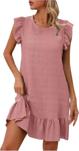 Women Mini Dress 2025 Summer Trendy Ruched Ruffle Flowy Dresses Casual Crewneck A Line Swing Beach Vacation Sundress