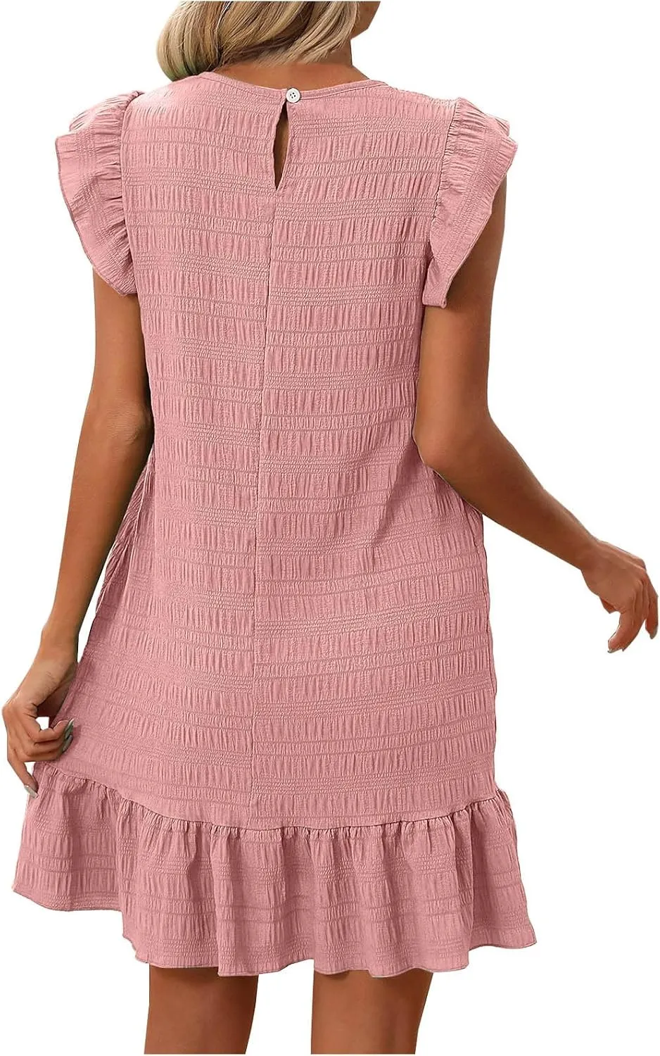 Women Mini Dress 2025 Summer Trendy Ruched Ruffle Flowy Dresses Casual Crewneck A Line Swing Beach Vacation Sundress