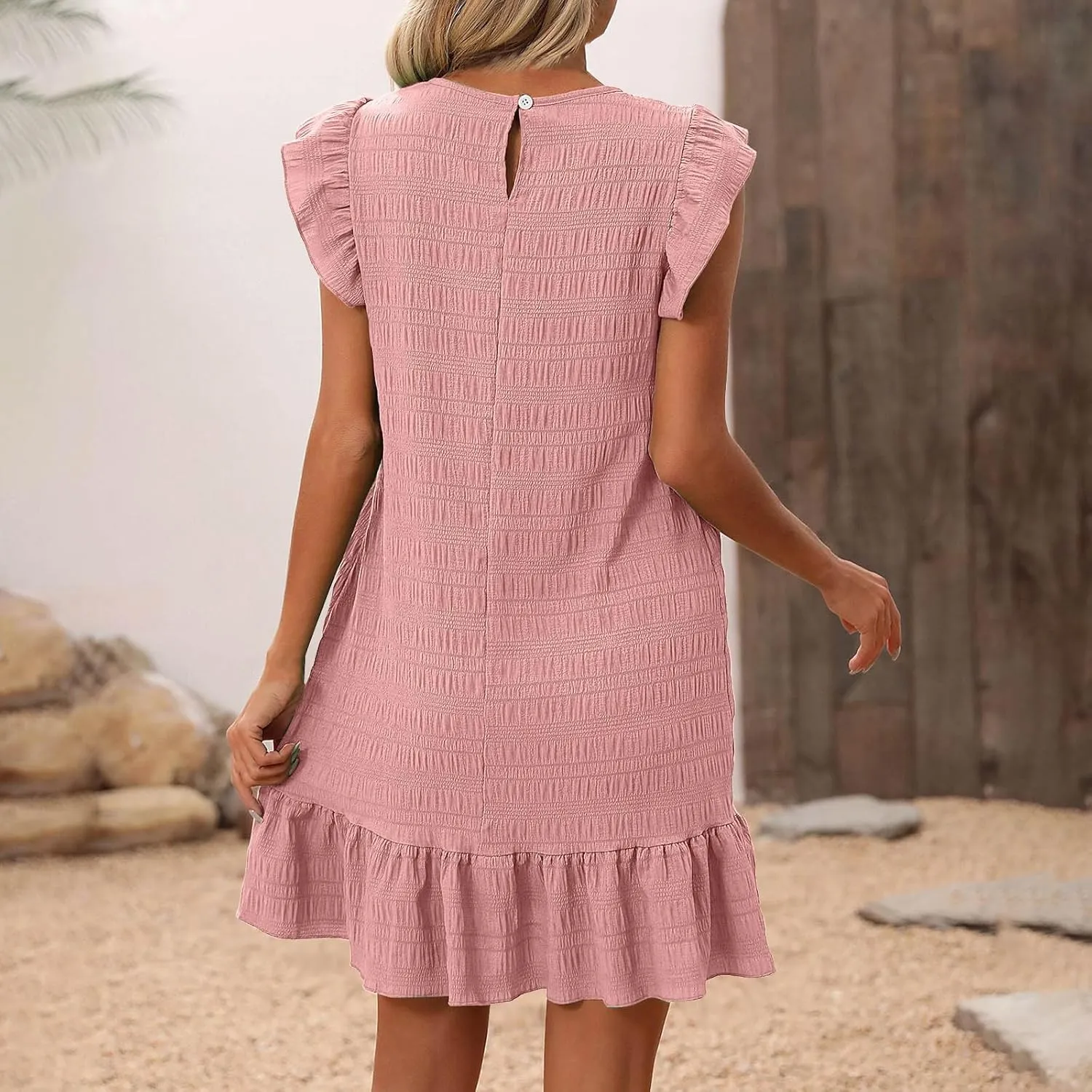Women Mini Dress 2025 Summer Trendy Ruched Ruffle Flowy Dresses Casual Crewneck A Line Swing Beach Vacation Sundress