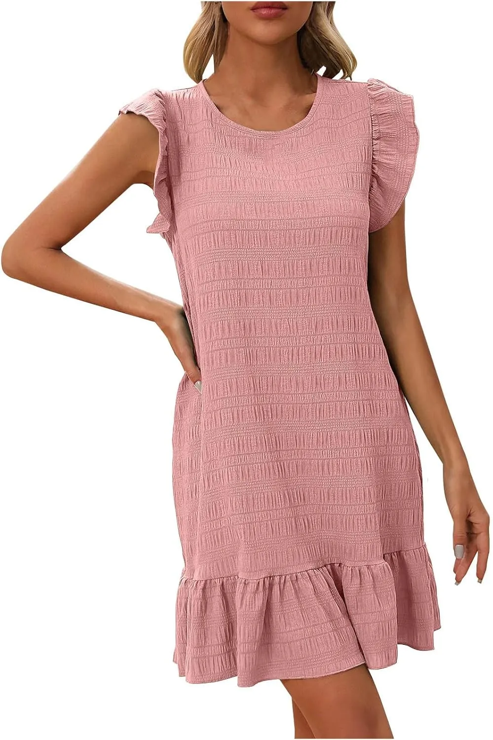 Women Mini Dress 2025 Summer Trendy Ruched Ruffle Flowy Dresses Casual Crewneck A Line Swing Beach Vacation Sundress