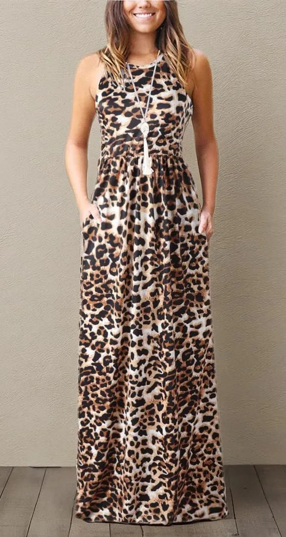 Women Racerback Floral Loose Swing Casual Tunic Beach Long Sleeveless Maxi Dresses with Pockets