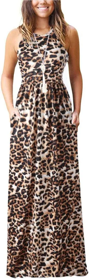 Women Racerback Floral Loose Swing Casual Tunic Beach Long Sleeveless Maxi Dresses with Pockets