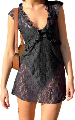 Women 's Layered Lace Mini Dress Sleeveless Strapless Floral Embroidery Ruffle Short Dress Y2K Beach Sundress