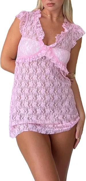 Women 's Layered Lace Mini Dress Sleeveless Strapless Floral Embroidery Ruffle Short Dress Y2K Beach Sundress
