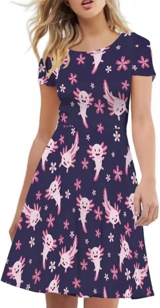Women Short Sleeve Crew Neck Dresses Cute Graphic Summer Hawaiian Dress for Beach Party
