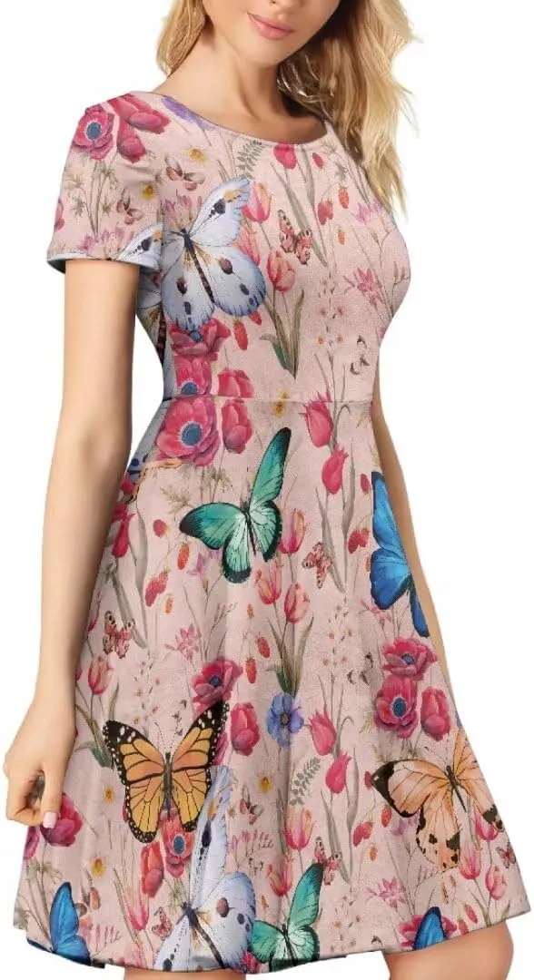 Women Short Sleeve Crew Neck Dresses Cute Graphic Summer Hawaiian Dress for Beach Party