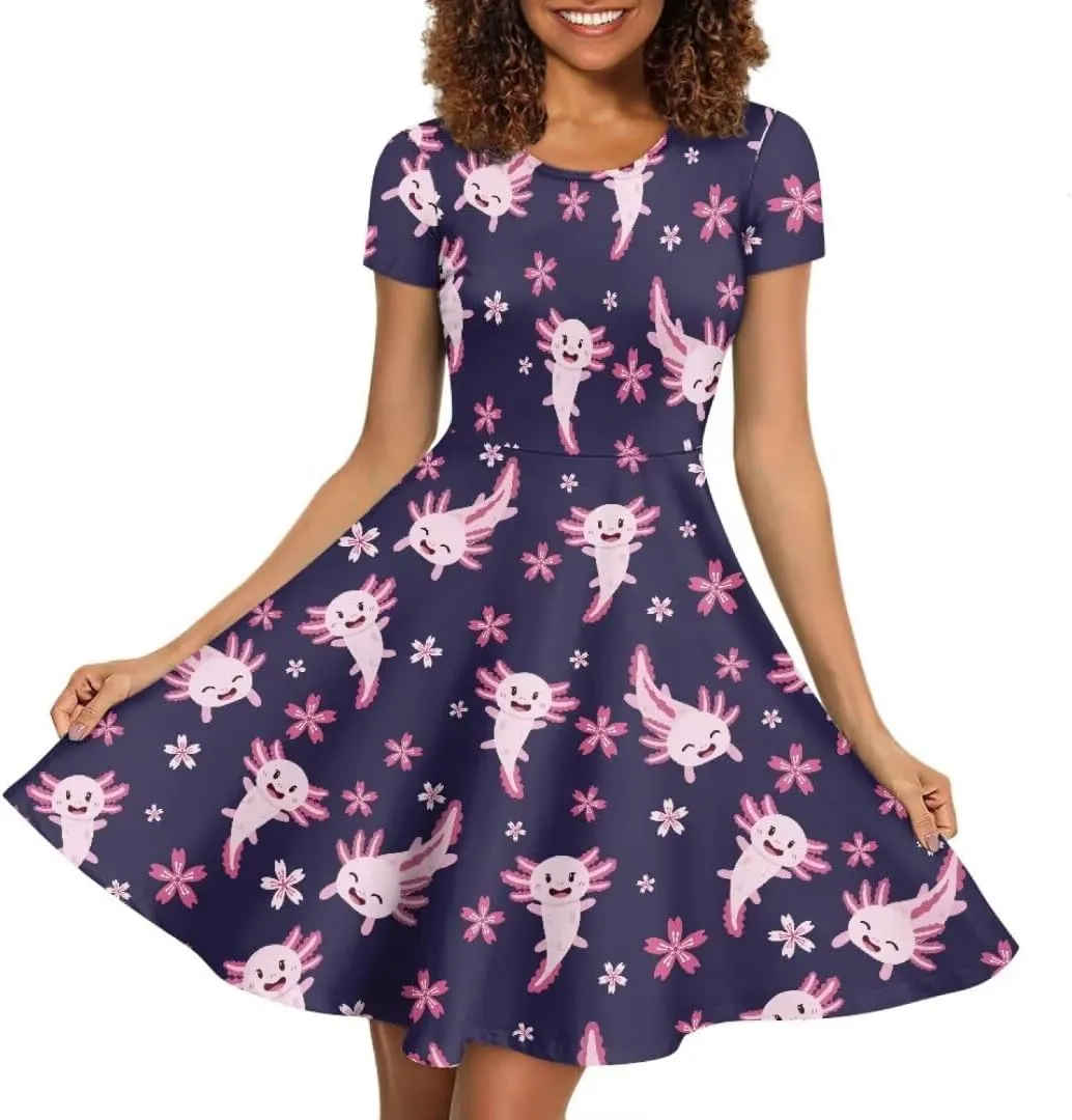 Women Short Sleeve Crew Neck Dresses Cute Graphic Summer Hawaiian Dress for Beach Party