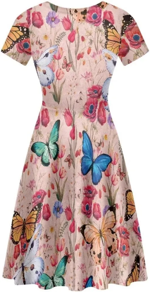Women Short Sleeve Crew Neck Dresses Cute Graphic Summer Hawaiian Dress for Beach Party