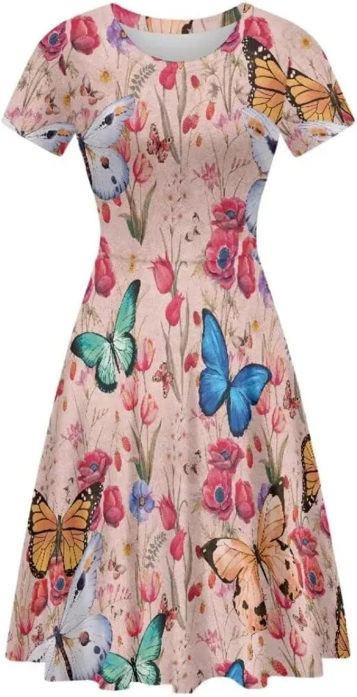 Women Short Sleeve Crew Neck Dresses Cute Graphic Summer Hawaiian Dress for Beach Party