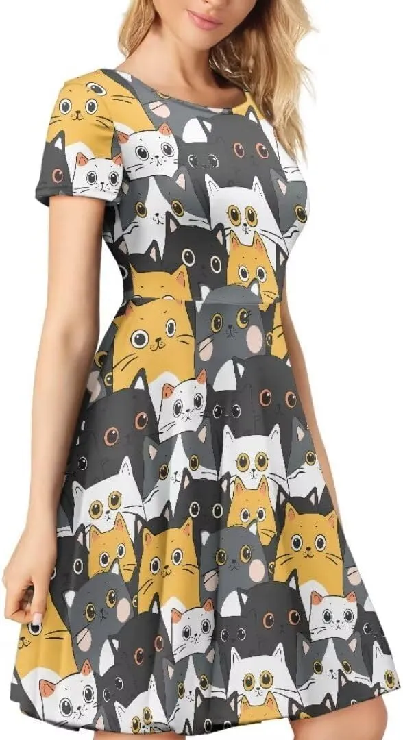 Women Short Sleeve Crew Neck Dresses Cute Graphic Summer Hawaiian Dress for Beach Party