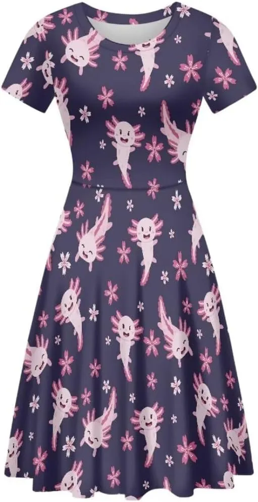 Women Short Sleeve Crew Neck Dresses Cute Graphic Summer Hawaiian Dress for Beach Party