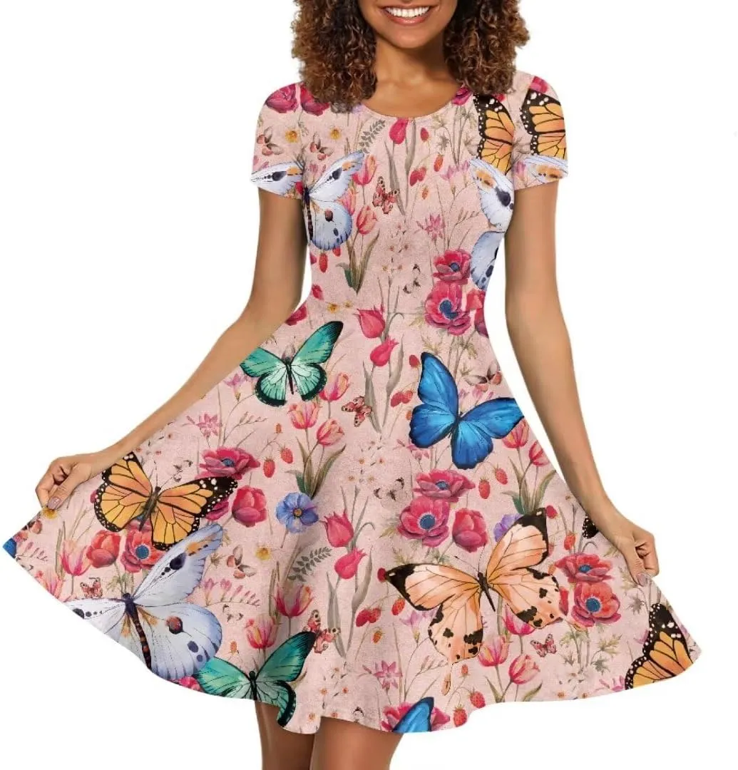 Women Short Sleeve Crew Neck Dresses Cute Graphic Summer Hawaiian Dress for Beach Party