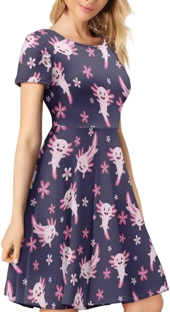 Women Short Sleeve Crew Neck Dresses Cute Graphic Summer Hawaiian Dress for Beach Party