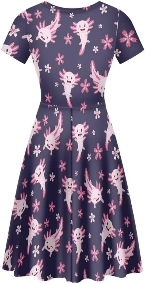 Women Short Sleeve Crew Neck Dresses Cute Graphic Summer Hawaiian Dress for Beach Party