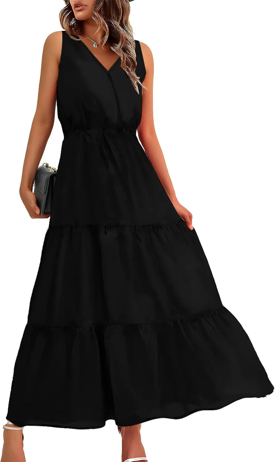 Women Sleeveless Flowy Maxi Dresses Casual Simple Solid Color Sundress Loose Trendy Tiered Tank Dresses