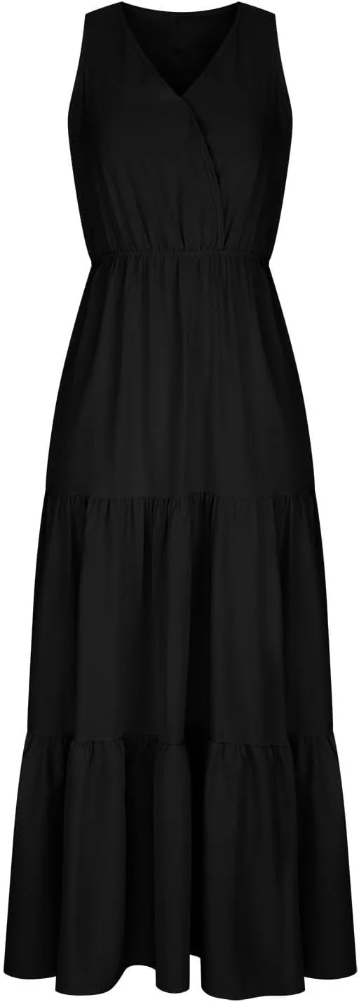 Women Sleeveless Flowy Maxi Dresses Casual Simple Solid Color Sundress Loose Trendy Tiered Tank Dresses