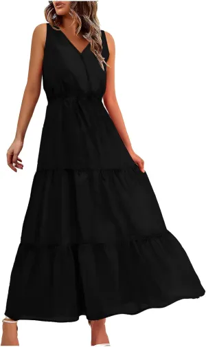 Women Sleeveless Flowy Maxi Dresses Casual Simple Solid Color Sundress Loose Trendy Tiered Tank Dresses