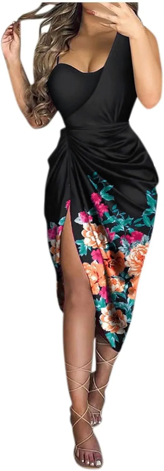 Women Spring Fashion, Women's Solid Color Sexy Sequin Slit Maxi Smocked One Shoulder Evening Dress