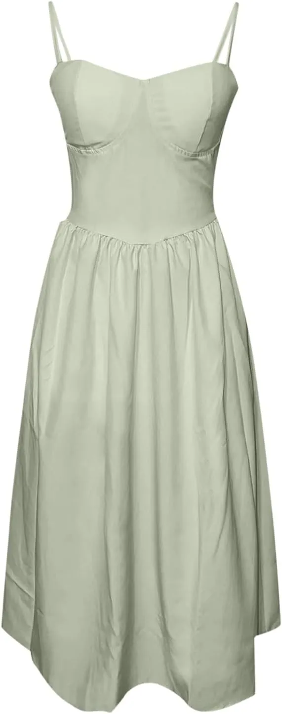 Women Summer 2025 Maxi Dress Spaghetti Strap Back CRIS Cross Flowy Pleated Hem Corset Skirt Church Work Dresses Outfits