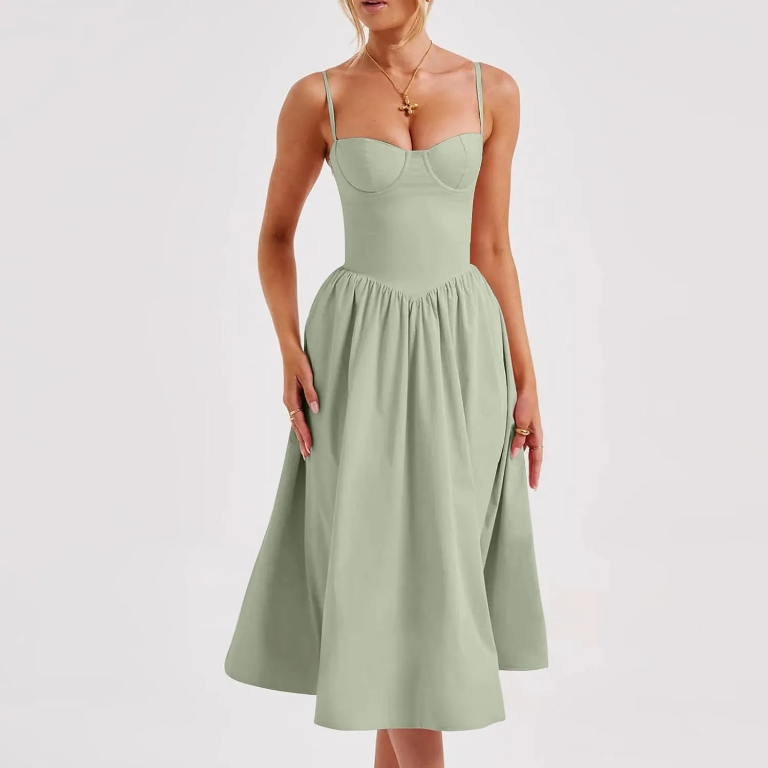 Women Summer 2025 Maxi Dress Spaghetti Strap Back CRIS Cross Flowy Pleated Hem Corset Skirt Church Work Dresses Outfits