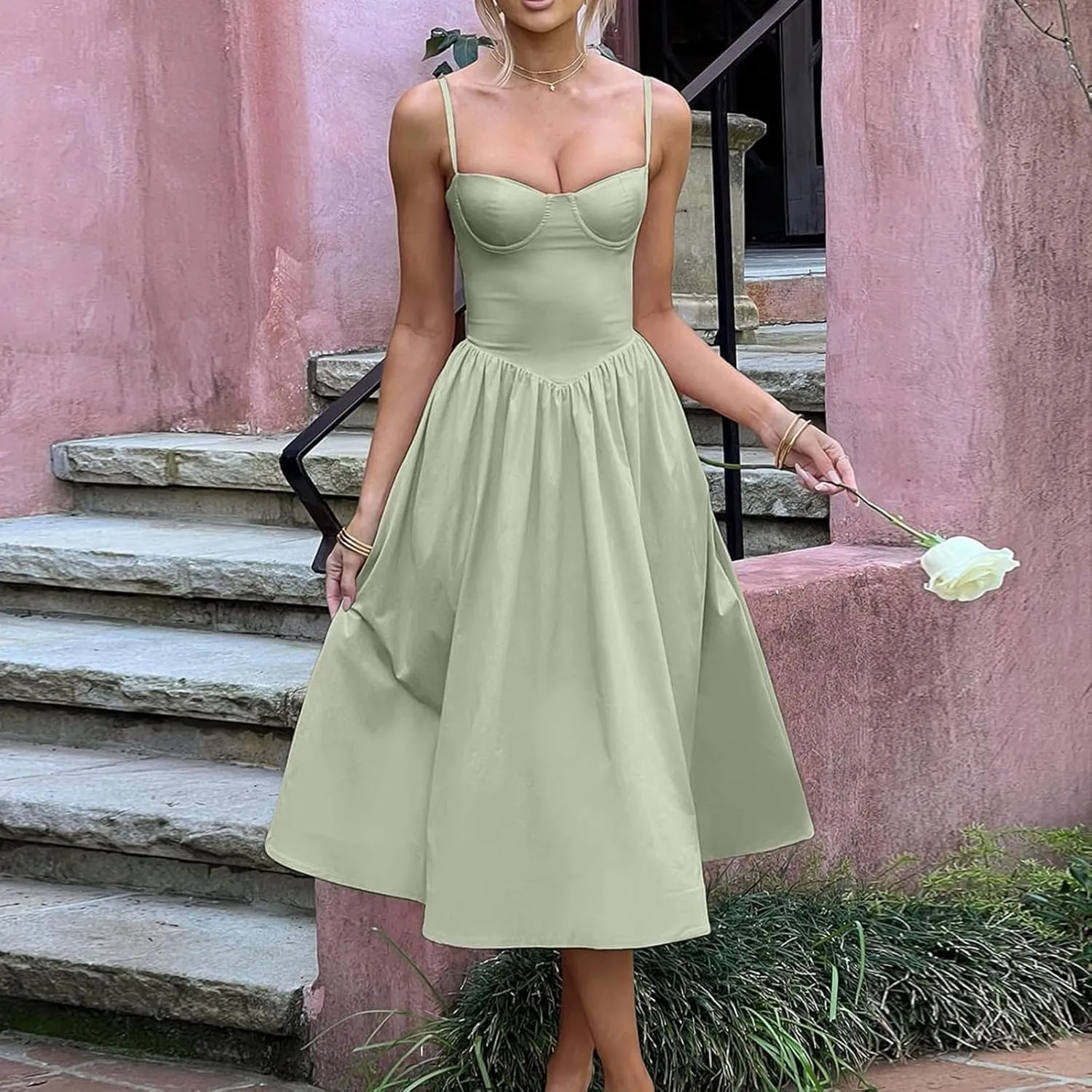 Women Summer 2025 Maxi Dress Spaghetti Strap Back CRIS Cross Flowy Pleated Hem Corset Skirt Church Work Dresses Outfits