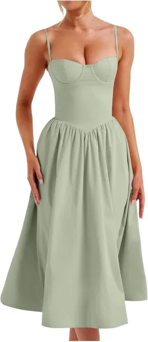 Women Summer 2025 Maxi Dress Spaghetti Strap Back CRIS Cross Flowy Pleated Hem Corset Skirt Church Work Dresses Outfits