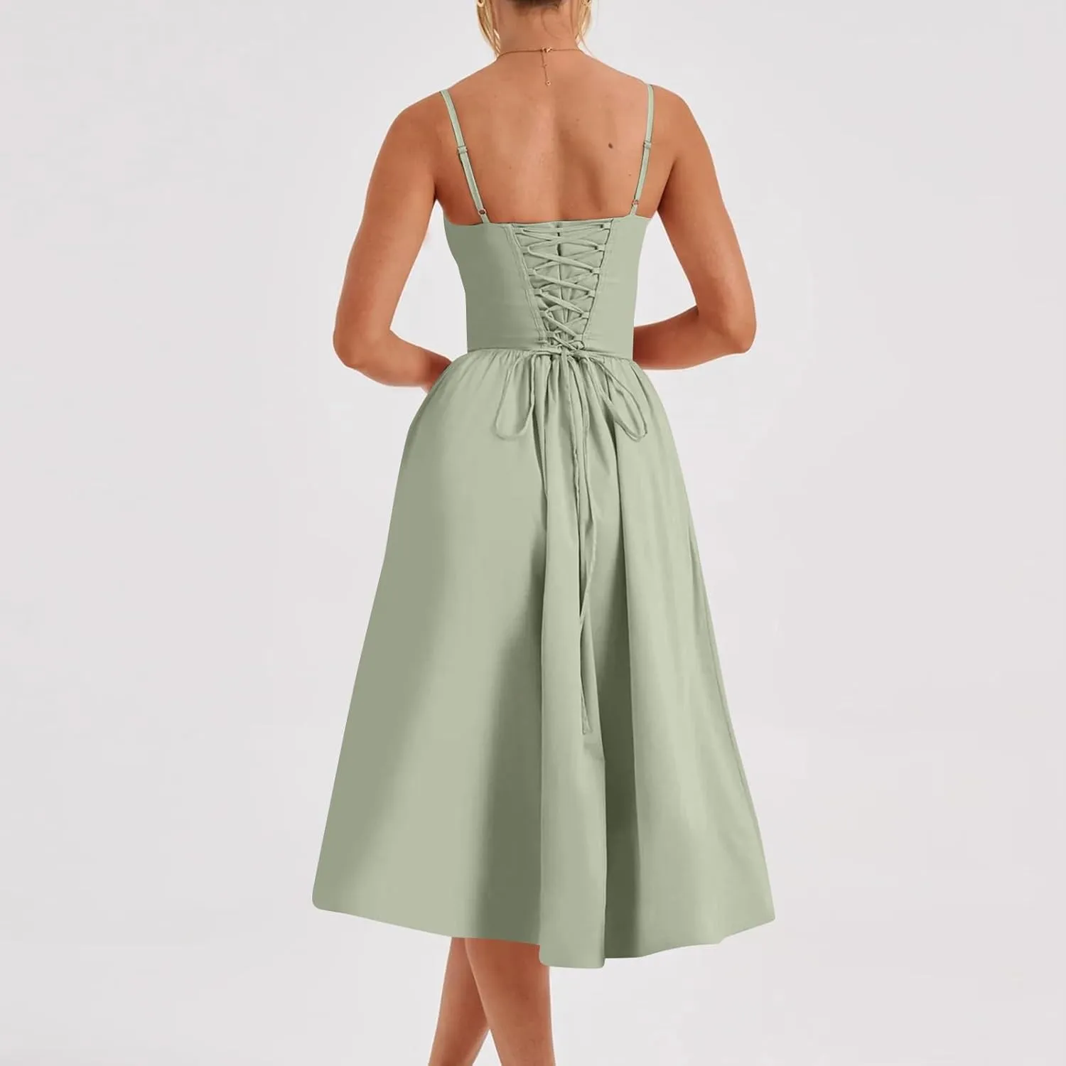 Women Summer 2025 Maxi Dress Spaghetti Strap Back CRIS Cross Flowy Pleated Hem Corset Skirt Church Work Dresses Outfits