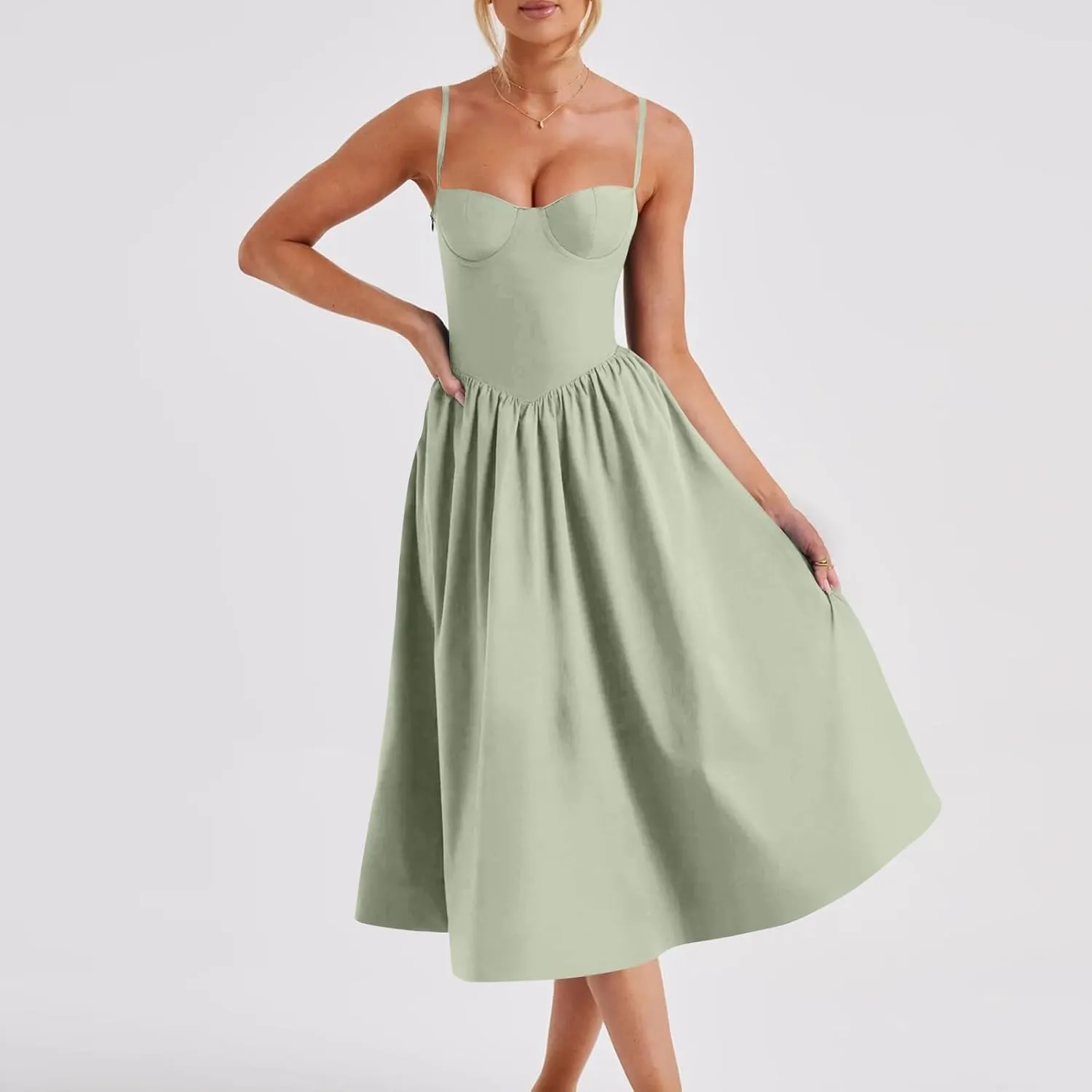 Women Summer 2025 Maxi Dress Spaghetti Strap Back CRIS Cross Flowy Pleated Hem Corset Skirt Church Work Dresses Outfits