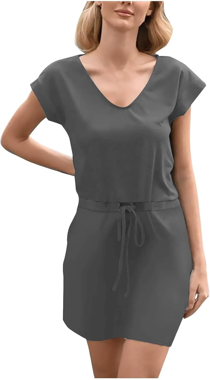 Women Summer Dress Casual Short Sleeve V Neck Sundresses Drawstring Waist Beach Cover up Mini Beach Dress with Pocket