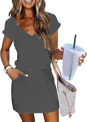 Women Summer Dress Casual Short Sleeve V Neck Sundresses Drawstring Waist Beach Cover up Mini Beach Dress with Pocket