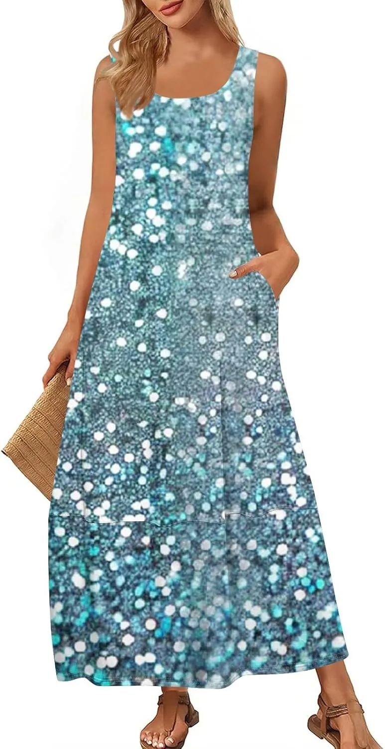 Women Summer Dresses 2025 Casual Round Neck Maxi Dress Sleeveless Floral Sundresses Beach Loose Tank Dress with Pockets