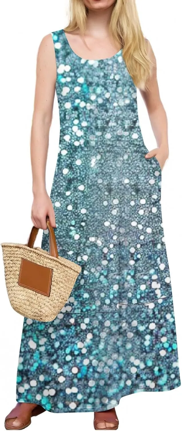 Women Summer Dresses 2025 Casual Round Neck Maxi Dress Sleeveless Floral Sundresses Beach Loose Tank Dress with Pockets