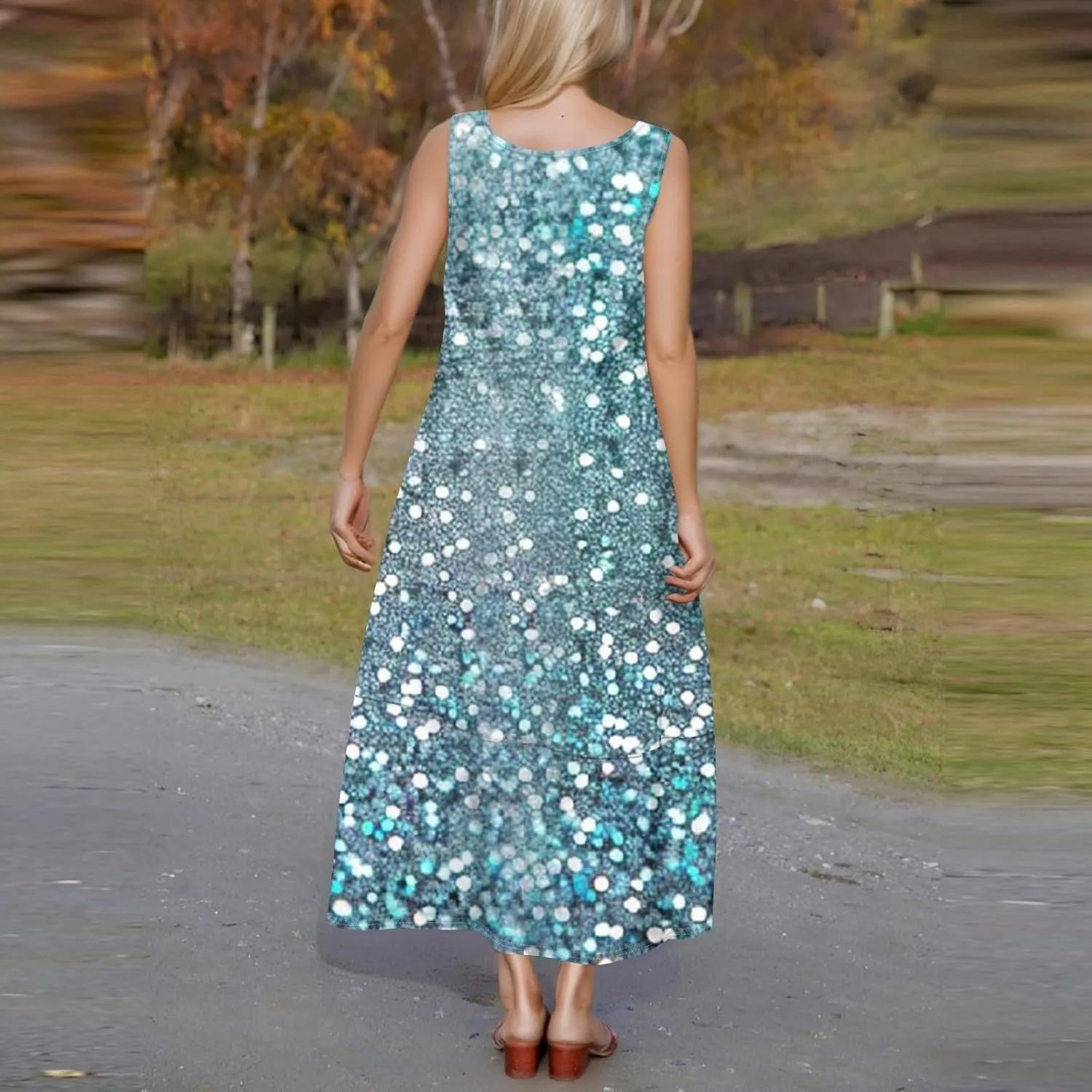 Women Summer Dresses 2025 Casual Round Neck Maxi Dress Sleeveless Floral Sundresses Beach Loose Tank Dress with Pockets