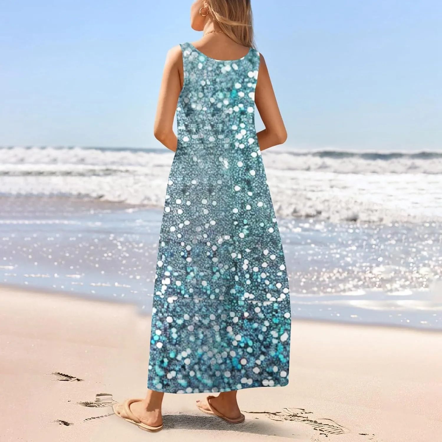 Women Summer Dresses 2025 Casual Round Neck Maxi Dress Sleeveless Floral Sundresses Beach Loose Tank Dress with Pockets